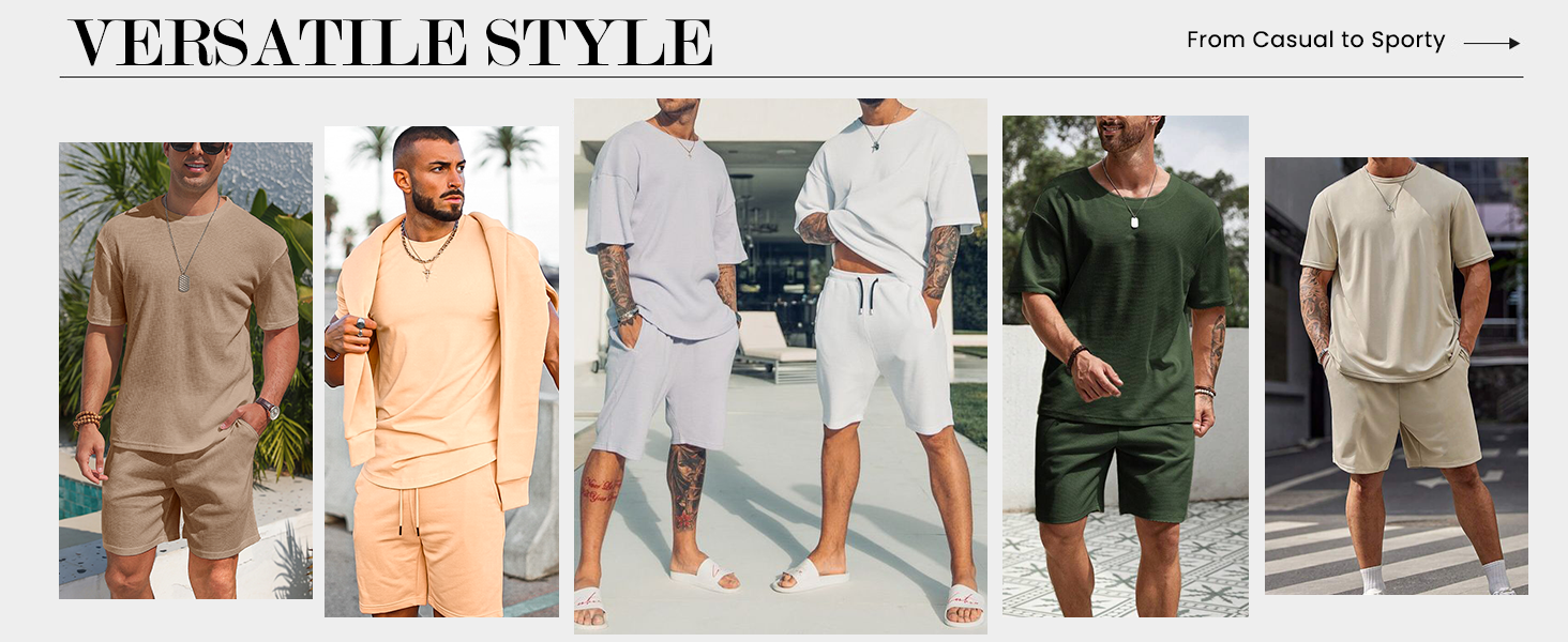 Men's 2 Piece Outfits Short Sleeve Waffle Knit Tracksuit