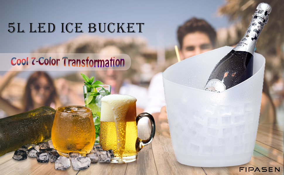 FIPASEN LED Ice Bucket, Upgraded 5L Large Capacity Lighted Ice Bucket