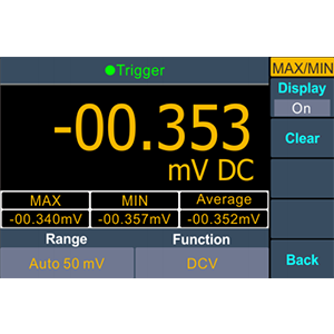 Digital multimeter display showing a reading of -00.353 mV DC. Screen includes function settings, range, and navigation options.