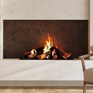 Modern linear fireplace showing bright orange flames against a minimalist gray wall installation. Multiple views of the same fireplace in operation.