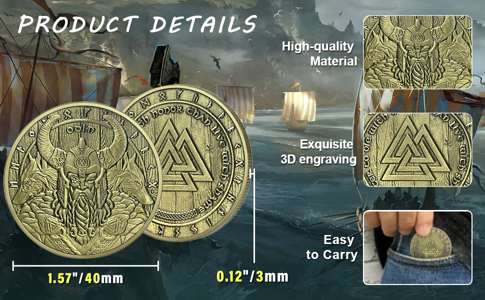 Gold-colored commemorative coins with 3D engraving. Product details show size specifications: 1.57