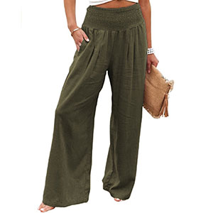 Women High Waist Cotton Linen Pants Elastic Straight Wide Leg Smocked Pockets Beach Pants