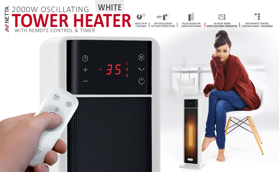 Text reads 'TOWER HEATER WHITE'. Multiple images showing a white tower heater with digital display, remote control, and usage demonstrations in home settings.