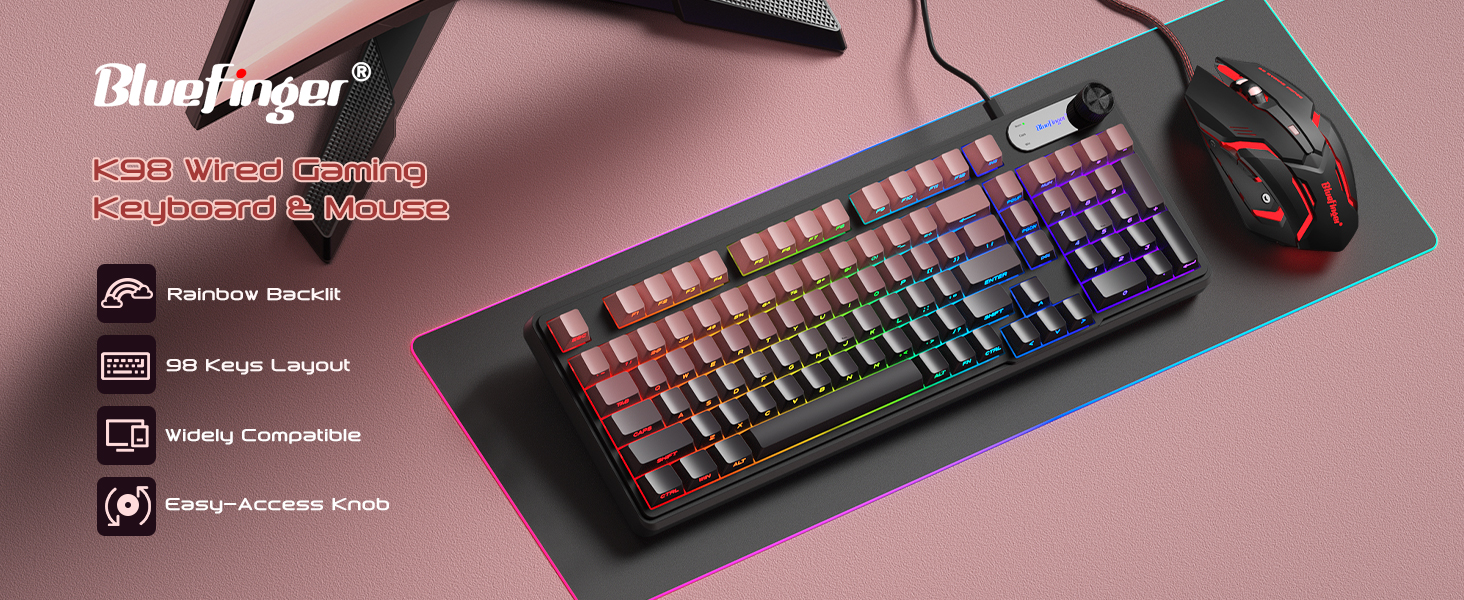 gaming keyboard mouse combo, wired RGB keyboard, 98 key gaming keyboard, PBT keycaps keyboard