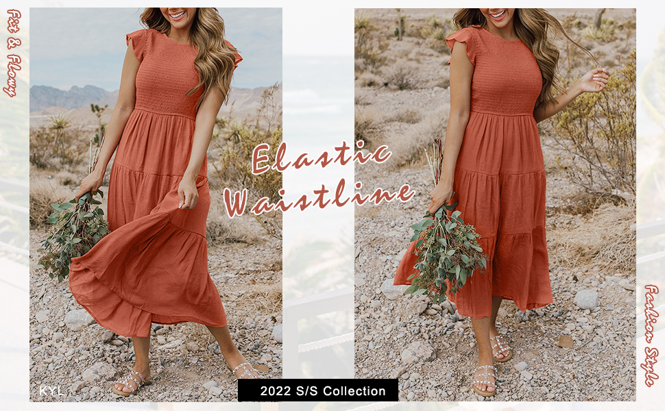 Ruffles Cap Sleeves Summer A-Line Midi Dress