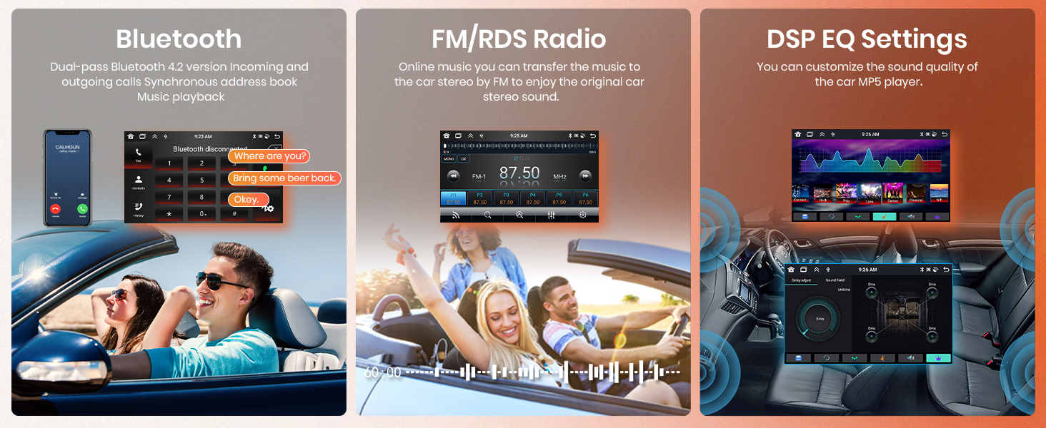 El texto dice «Bluetooth», «Radio FM/RDS», «Configuración de DSP EQ». Tres paneles de interfaz que muestran los controles y ajustes del sistema de audio del automóvil con pantallas iluminadas en azul.
