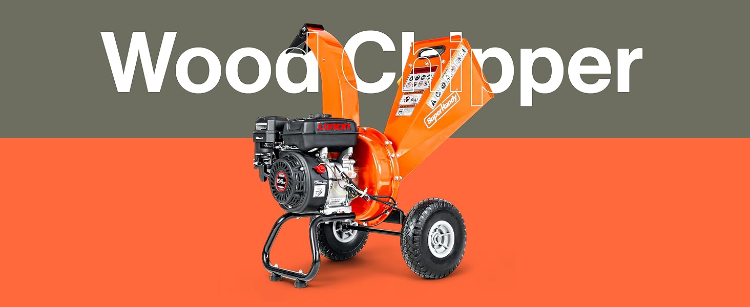 Text reads 'Wood Chipper'. Orange wheeled machine with black engine components shown against orange and olive green background in minimalist design style.