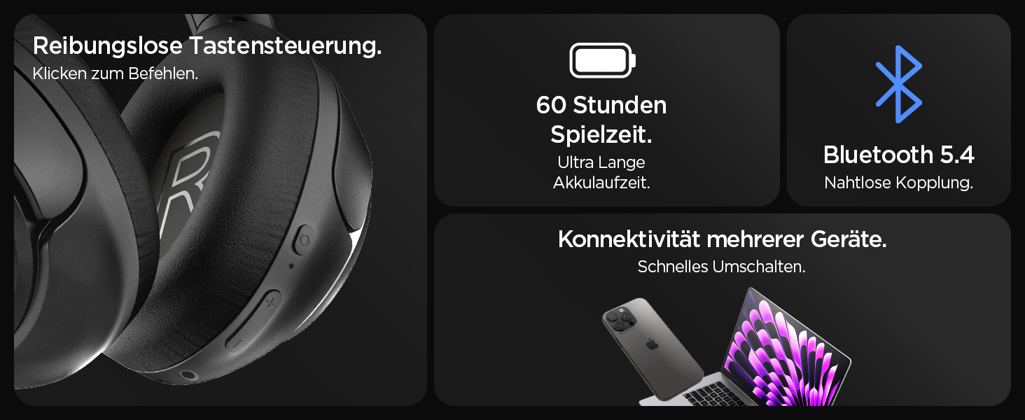 Ähnlich wie Bild 6, das technische Spezifikationen auf Deutsch mit Bluetooth-Konnektivitätssymbolen und Akkulaufzeitanzeigen vor Dunklem Hintergrund zeigt.