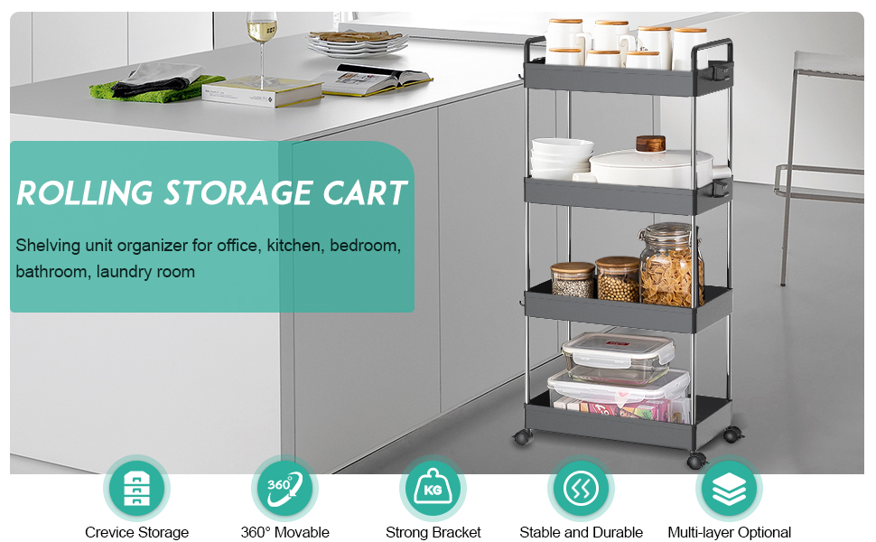 SOLEJAZZ Slim Storage Cart, 4 Tier Bathroom Organizer