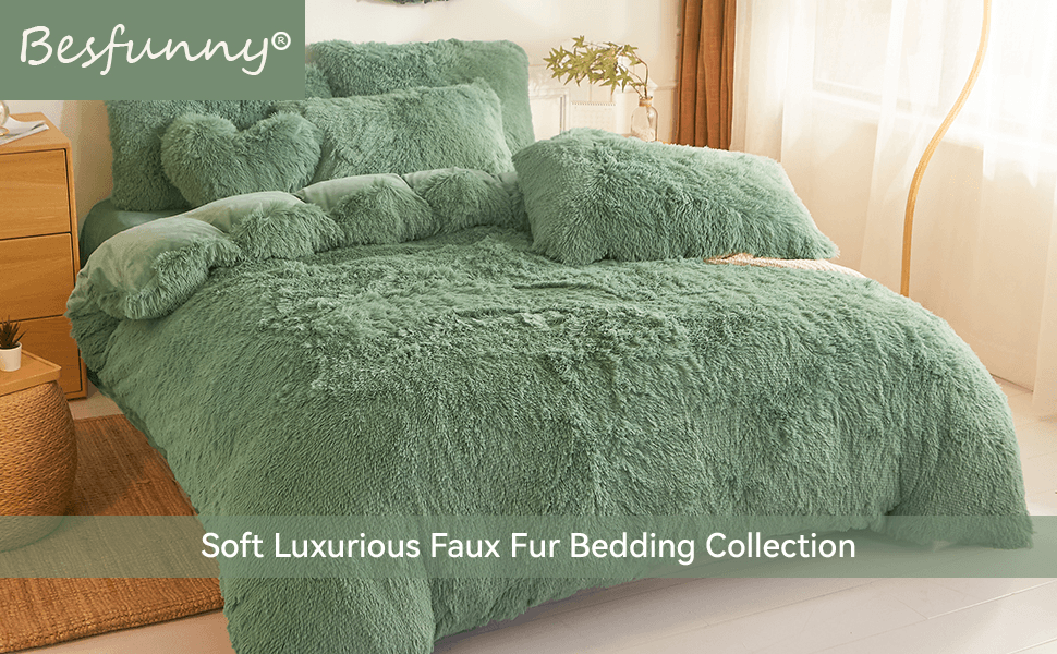 Green Fluffy Comforter Cover Set,Ultra Soft Plush Duvet