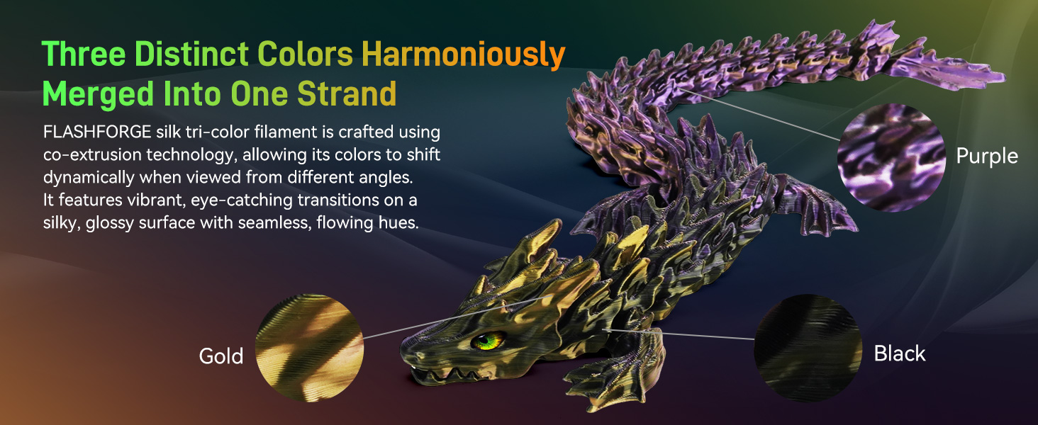 FLASHFORGE Silk Tri-Color PLA Filament 1.75mm, Coextrusion Black Gold Purple Triple Color Rainbow 3D Printer Filament, Enchanting Silk Finish with 360° Multicolor Shifting Color Effect 11 Three Distinct Colors Harmoniously Merged Into One Strand