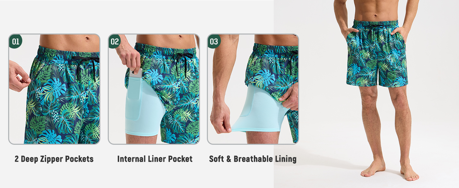 Mens Swim Trunks with Compression Liner
