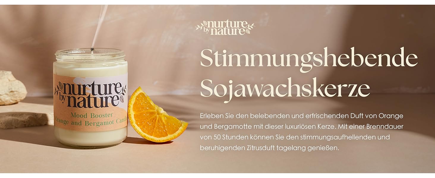 Soy wax candle in a clear glass jar with a white label. Lit wick visible. Orange slice beside the candle. German text describes it as mood-enhancing.