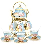 European Ceramic Tea Set for 6 People,20Pcs Porcelain Tea Set with Metal Stand,Vintage Floral Tea...