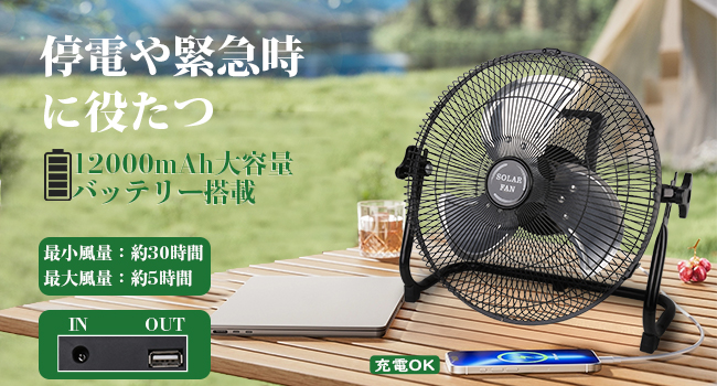 Amazon | Issufel ソーラー 扇風機 充電式 大容量12000mAh 強風