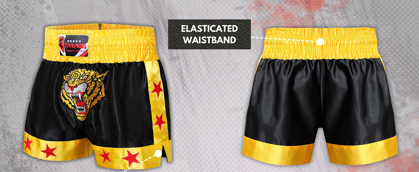 Muay Thai Shorts Kick Boxing Training Satin Black Gold Short Tiger Embroidery Features