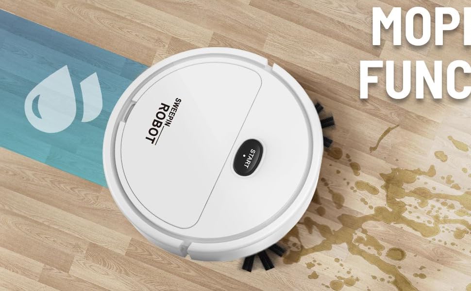 Text reads 'MOPPING' and 'FUNCTION'. Robotic vacuum cleaner demonstration on hardwood floor, showing cleaning capability with visible debris.