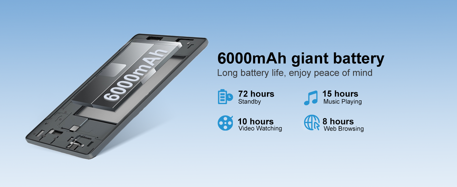 Smartphone with 6000mAh giant battery. Features include 72 hours standby, 16 hours music playback, 10 hours video playback, and 8 hours web browsing.