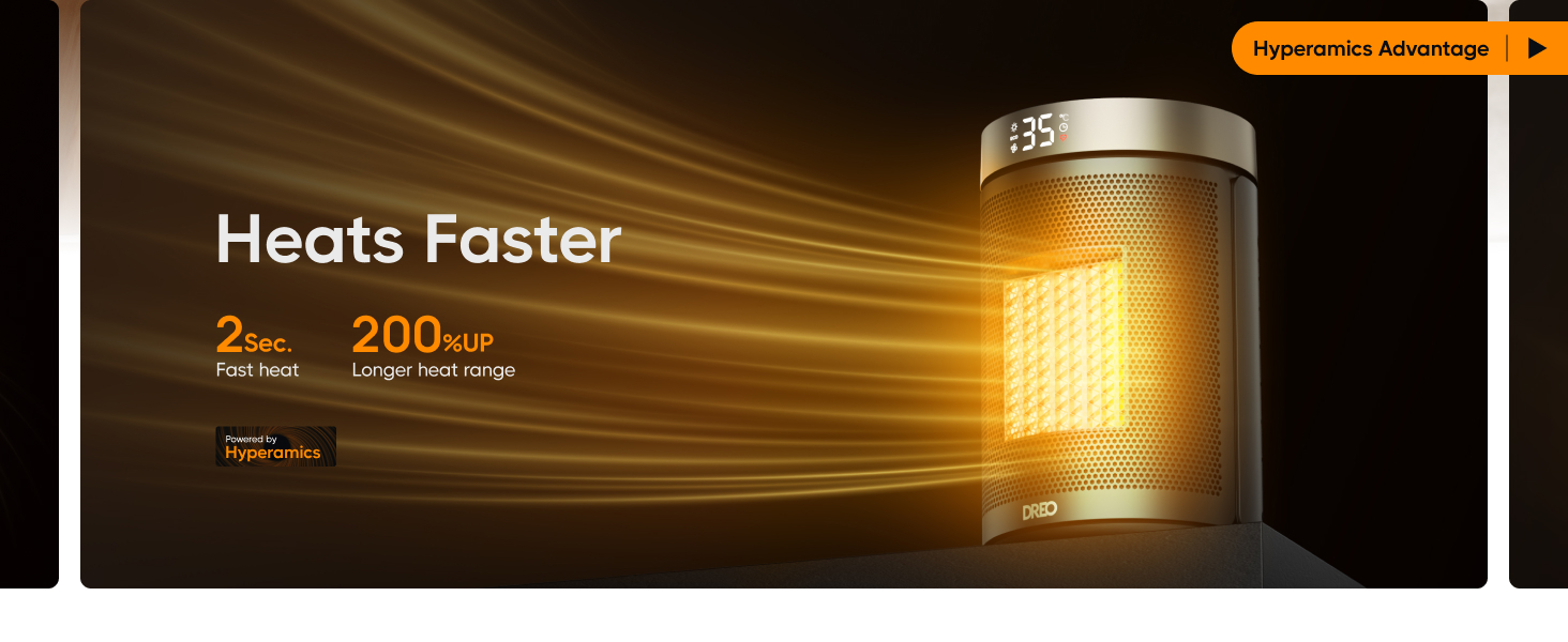 Heater advertisement showing a glowing cylindrical device. Text states 'Heats Faster' with '2min' and '200㎡' specifications highlighted.