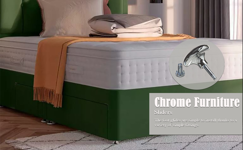 4 x Chrome Feet Leg Castors Gliders with Metal Inserts for Beds, Sofas