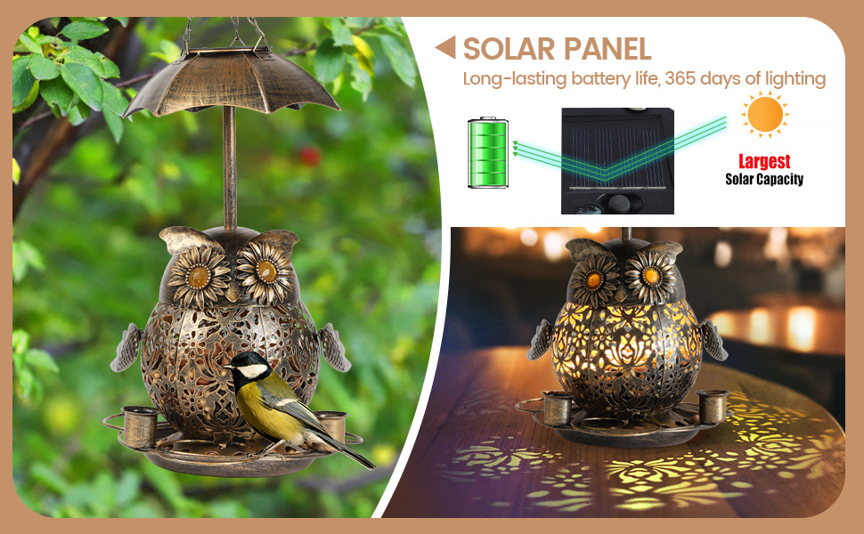 The bird feeder charges during the day and lights up at night