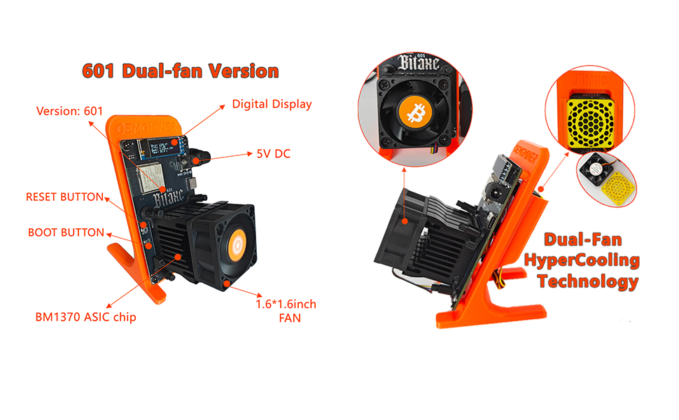 Bitaxe Gamma 601 Pro Dual-Fan Edition | 1.3TH/s (OC 1.5TH/s) Bitcoin Solo Miner | Twin Turbo Cooling | BM1370 ASIC Chip | 18W/TH Efficiency | 2.4G WiFi & Web Management 8 Bitaxe Gamma 601 Pro Dual-Fan Edition