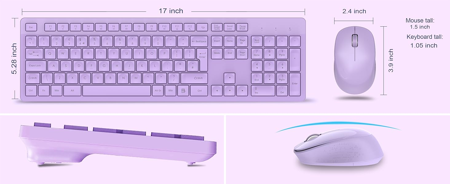 Lilac-colored wireless keyboard and mouse set with measurement specifications displayed, showing full-size keyboard layout and ergonomic mouse design.