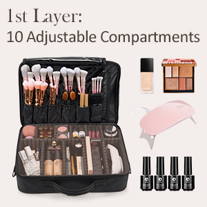 Makeup organizer case with 10 adjustable compartments, filled with brushes and cosmetics. Surrounding items include nail polish, eyeshadow palette, and makeup bag.