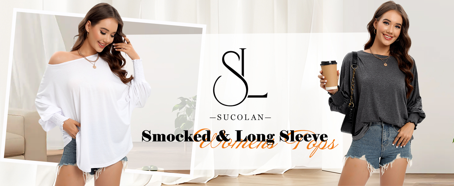 Sucolan Womens Tops Long Smocked Puff Sleeve Shirts