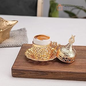 Golden Coffee Set, Zamac Exterior, Porcelain Cups, Lale Motifs, Turkish Design