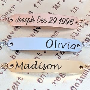 Personalized bar bracelets with custom engravings. Gold bracelet