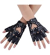 CALFOVERA PU Leather Gothic Half Finger Gloves Retro Punk Heart Cutout Fingerless Gloves with Riv...