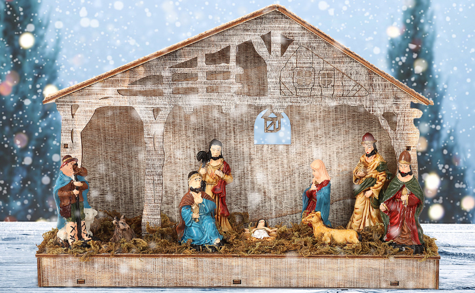 Nativity Sets for Christmas Indoor with Lighted Stable, 9
