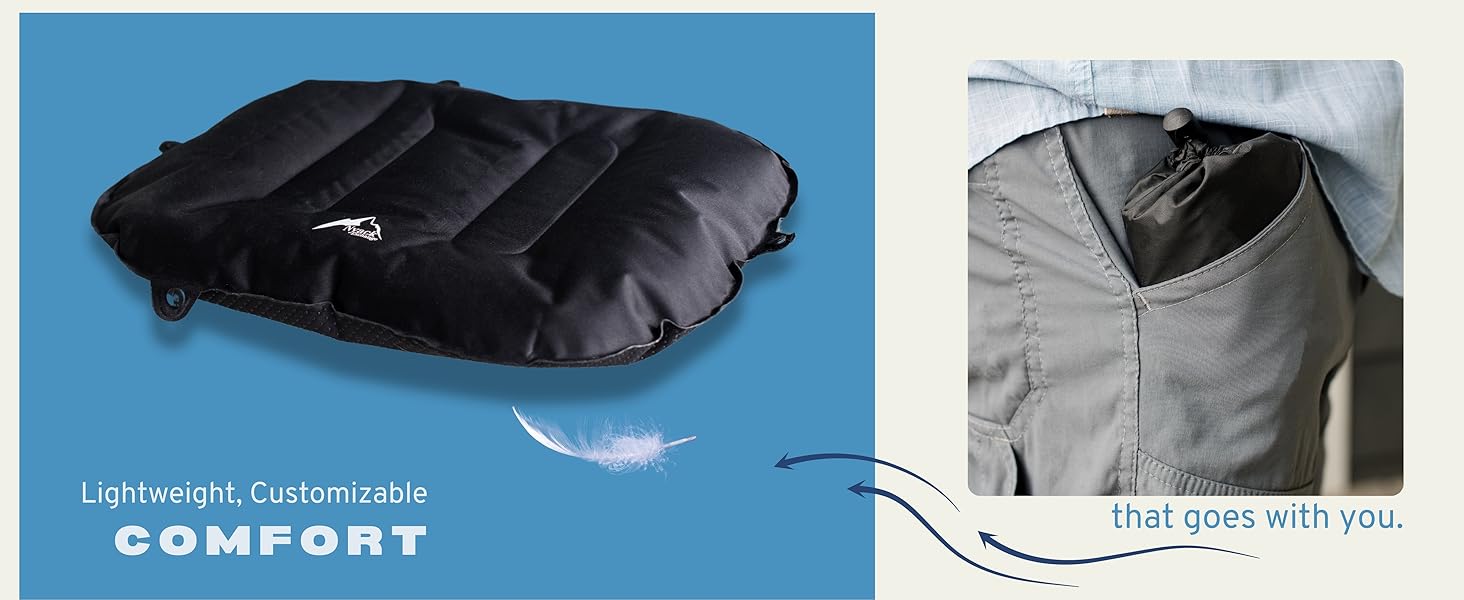 Inflatable back support pillow for travel: airplane seat, car seat, train