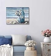 Blue Beach Ocean Flower Canva Wall Art Coastal Seascape Floral Vase Poster Picture Starfish Conch...