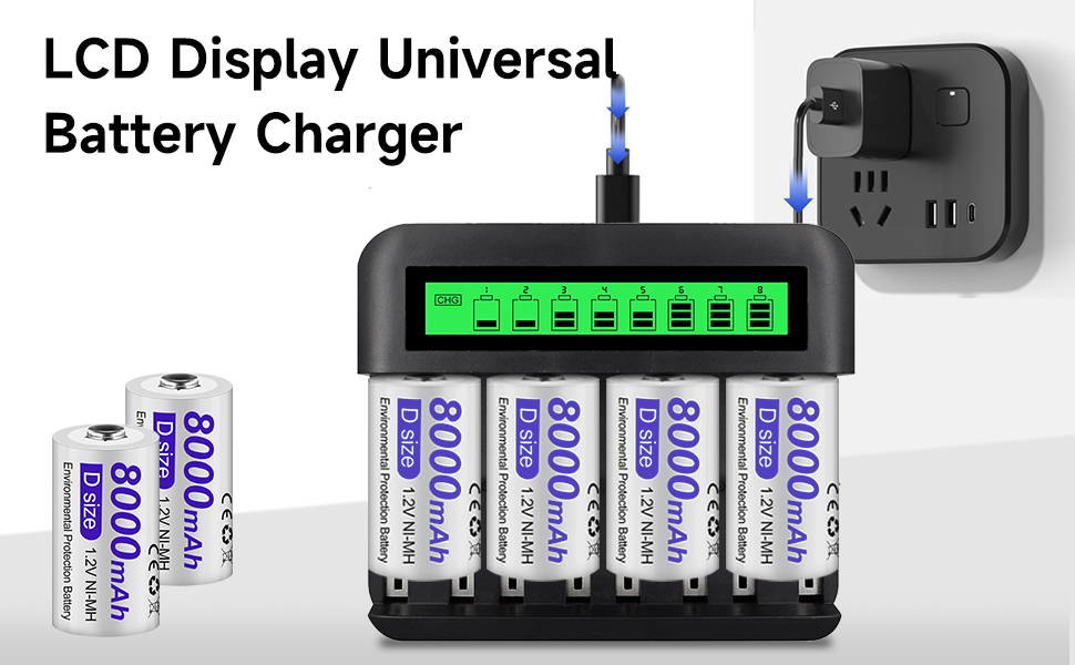 Rechargeable D Batteries with LCD Display Universal Battery