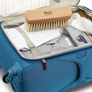 beige horse hair leather brush in luggage ready to go 