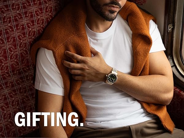 Text reads 'GIFTING.' Sequential photos showing someone holding and examining what appears to be a product in warm lighting against a patterned background.