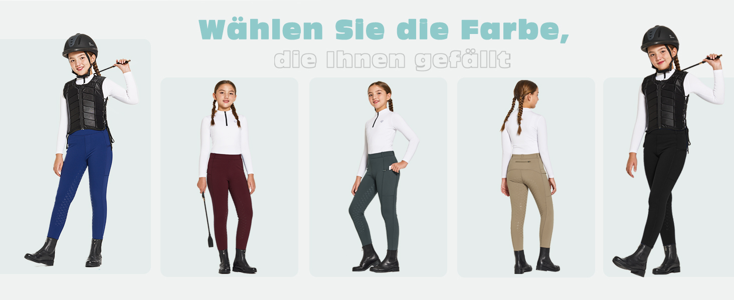 Farmbauwahlldisplay mit fünf outfitvarianten Mit Reithosen und Stiefeln, die Verschidene farboptionen für Reitbekleidung Demonstrieren