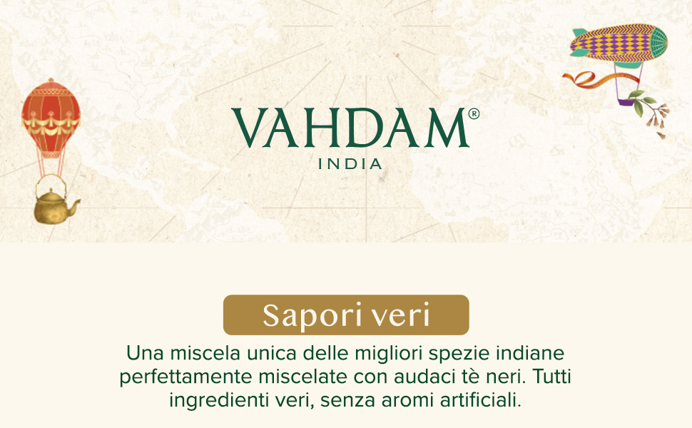 VAHDAM India con illustrazioni decorative di una mongolfiera e di un uccello, con testo in italiano sulle autentiche miscele