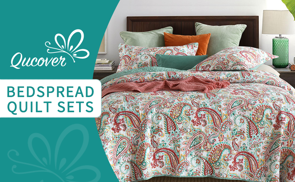 Qucover Single Bedspreads Quilted 150x200 cm Lightweight Warm Cotton Paisley Green and
