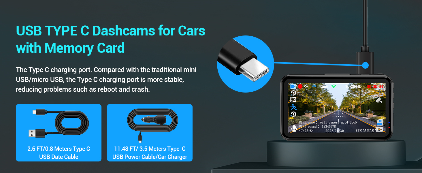 USB Type C dashcam for cars with memory card. Features include a stable charging port, 2.0 FT/0.6 Meter Type-C cable, and 1.6 FT/0.5 Meter Type-C cable. Display shows road view recording.