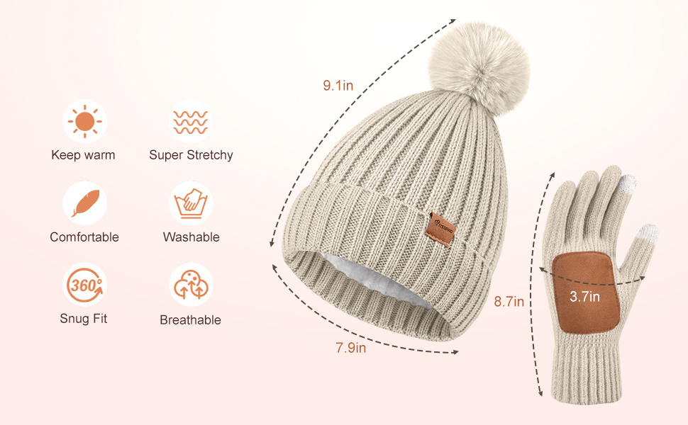 Precise Knitting Mixed yarn fashion beanie and gloves, creating a nice and classic look design.