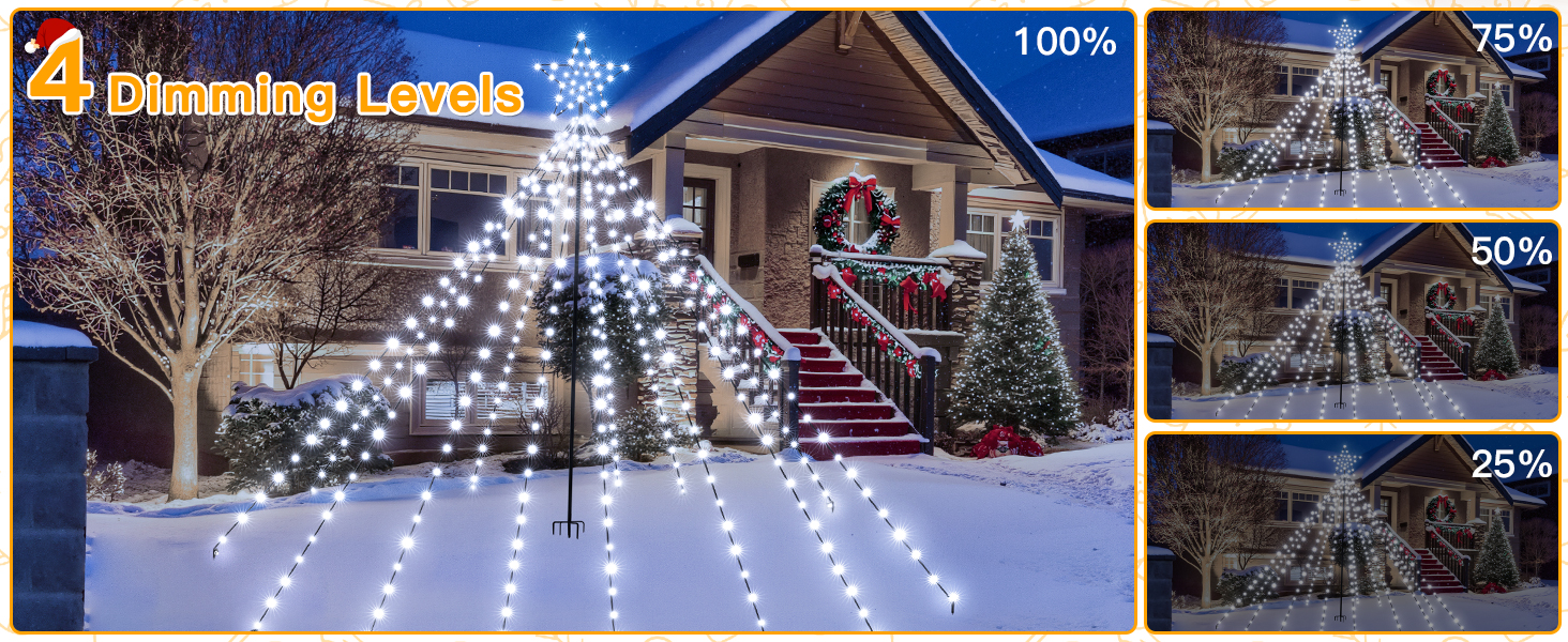 Collection of outdoor string light installation photos showing white LED lights creating tunnel and canopy effects in various outdoor settings during nighttime.