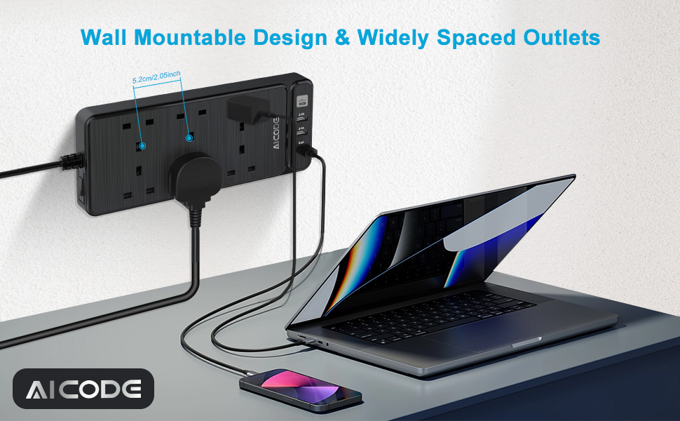 6 Way Extension Lead with 4 USB Slots (1 USB C), AICODE Power Strip 6