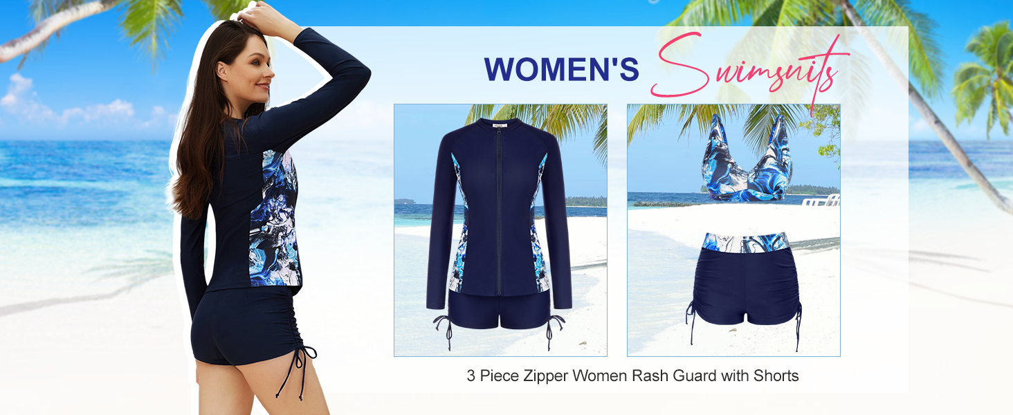 JASAMBAC Women 3 Piece Rash Guard Long Sleeve Zip Up Swimsuits with