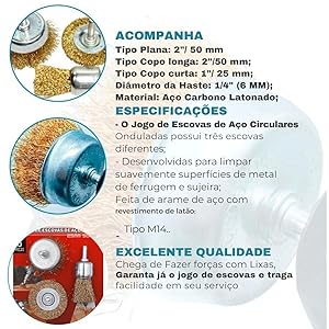 Jogo Escova De Aço 3 Peças Circular Copo E Pincel P/ Furadeira
