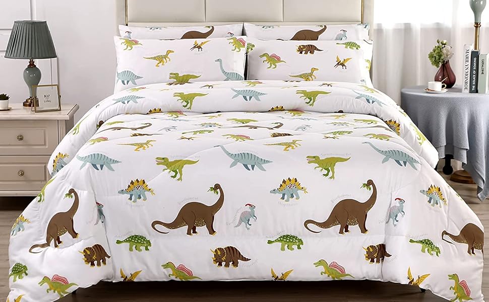 MAG 3Pcs Dinosaur Bedding Comforter Set, Dino White Base