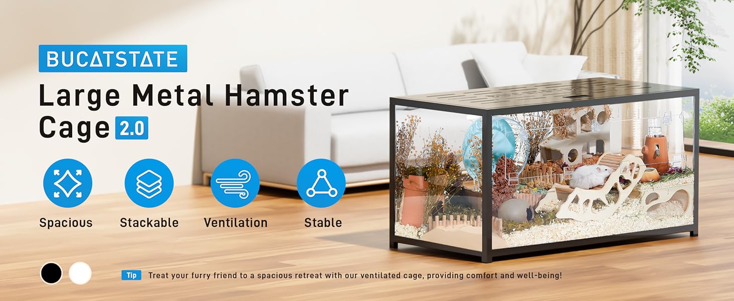 BUCATSTATE Großer Hamsterkäfig aus Metall 2.0. Glasgehäuse mit Metallrahmen. Verfügt über ein geräumiges, stapelbares Design mit Belüftung und Stabilität