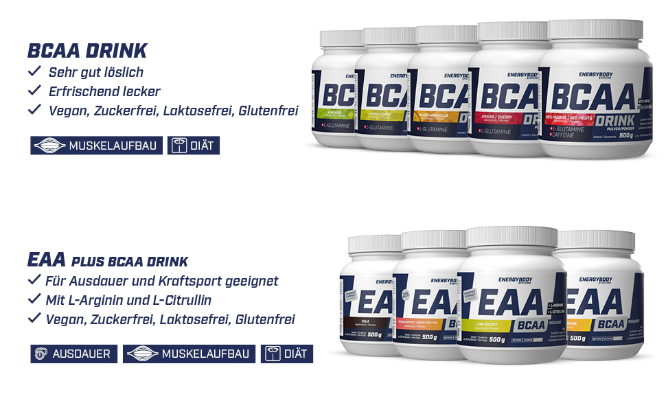 Energybody BCAA Pulver Kirsche 500g / BCAA Drink als Aminosäuren Pulver